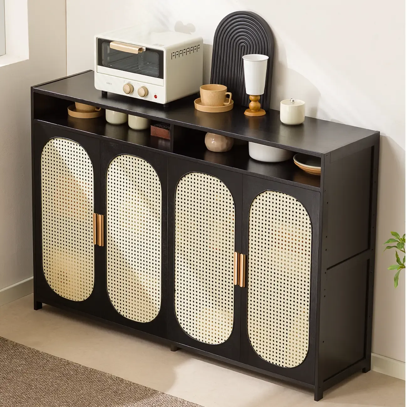 Narrow Rectangular Rattan Bamboo Sideboard with Open Shelf Image - 2