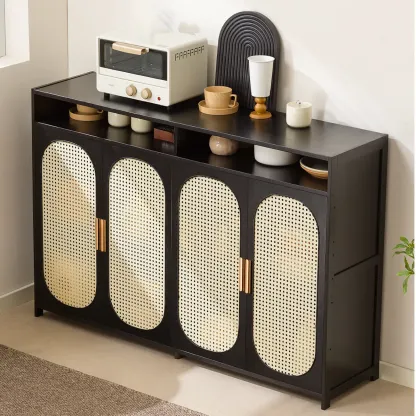 Narrow Rectangular Rattan Bamboo Sideboard with Open Shelf Image - 2