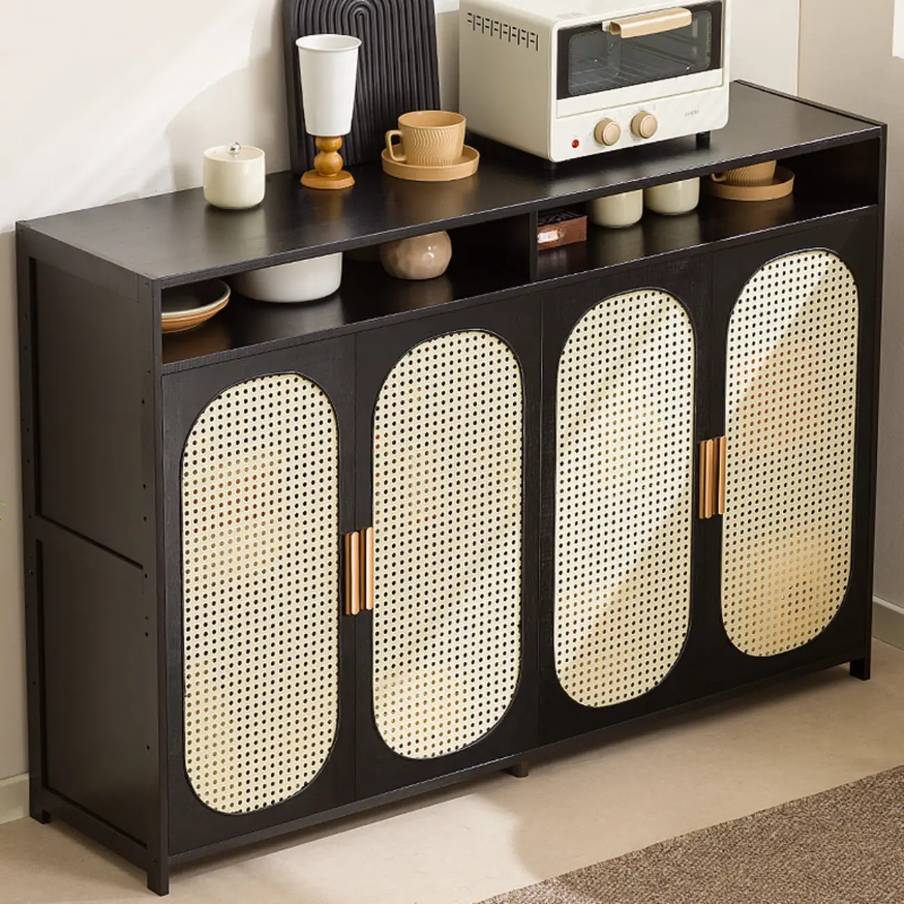 Narrow Rectangular Rattan Bamboo Sideboard with Open Shelf Image - 6 | homeyfad