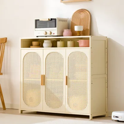 Narrow Rectangular Rattan Bamboo Sideboard with Open Shelf Image - 8