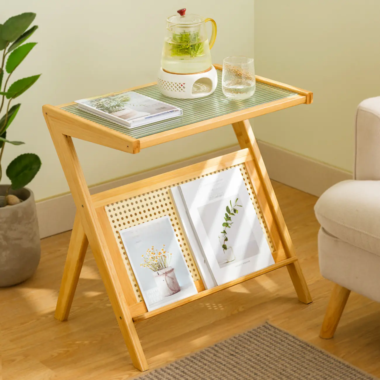 Glass and Wood Modern Foldable End Table with Rack Image - 2 | homeyfad
