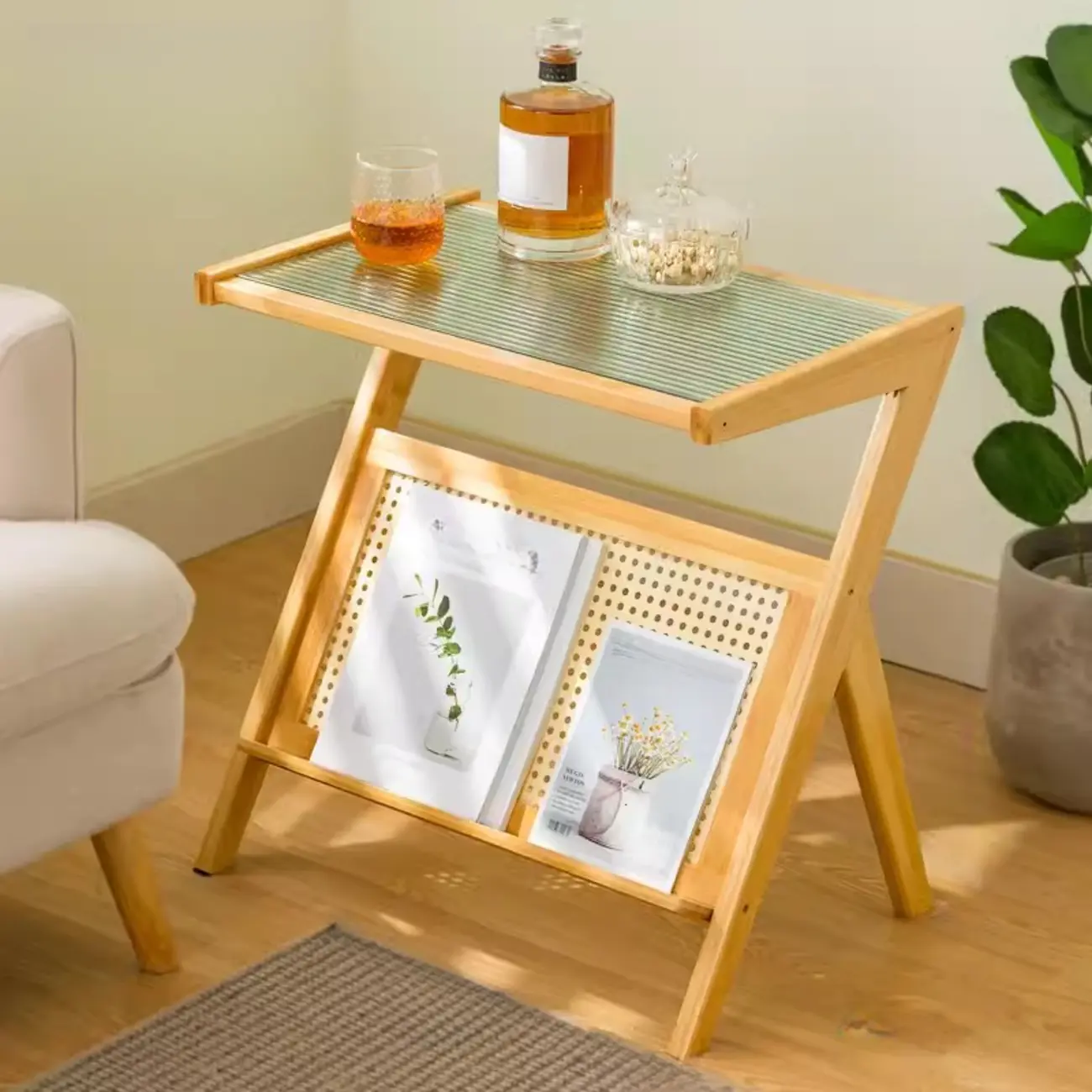 Glass and Wood Modern Foldable End Table with Rack Image - 5 | homeyfad