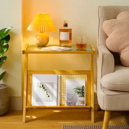 Glass and Wood Modern Foldable End Table with Rack Image - 1