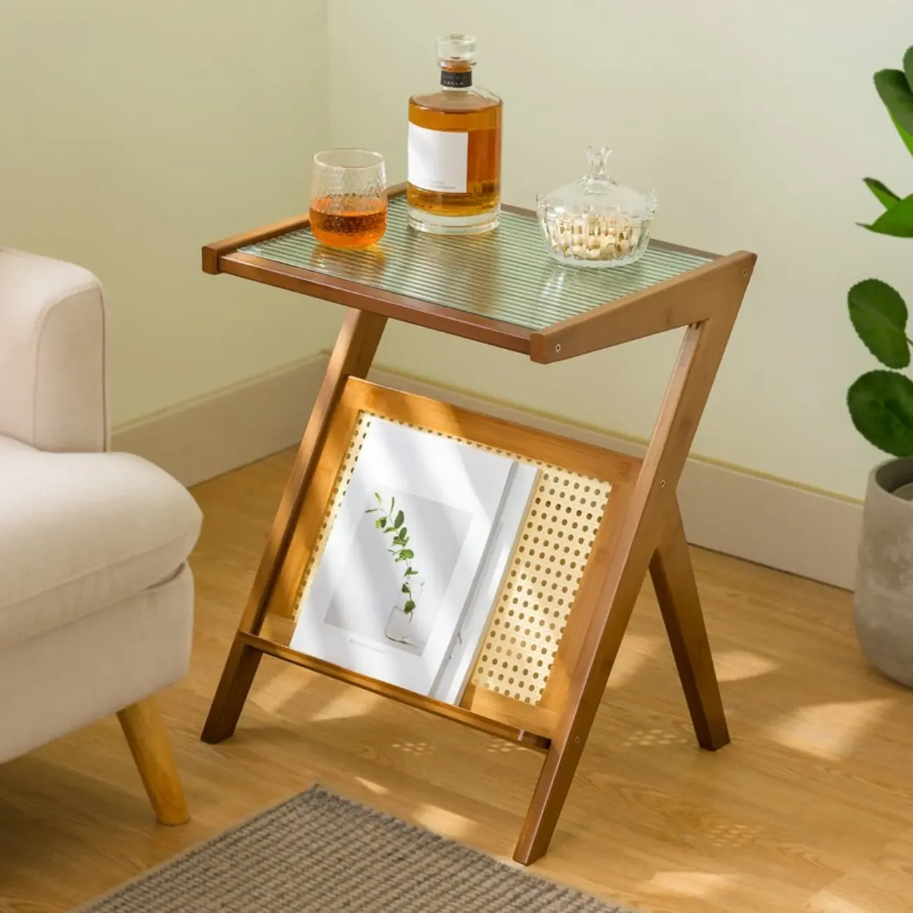 Glass and Wood Modern Foldable End Table with Rack Image - 6