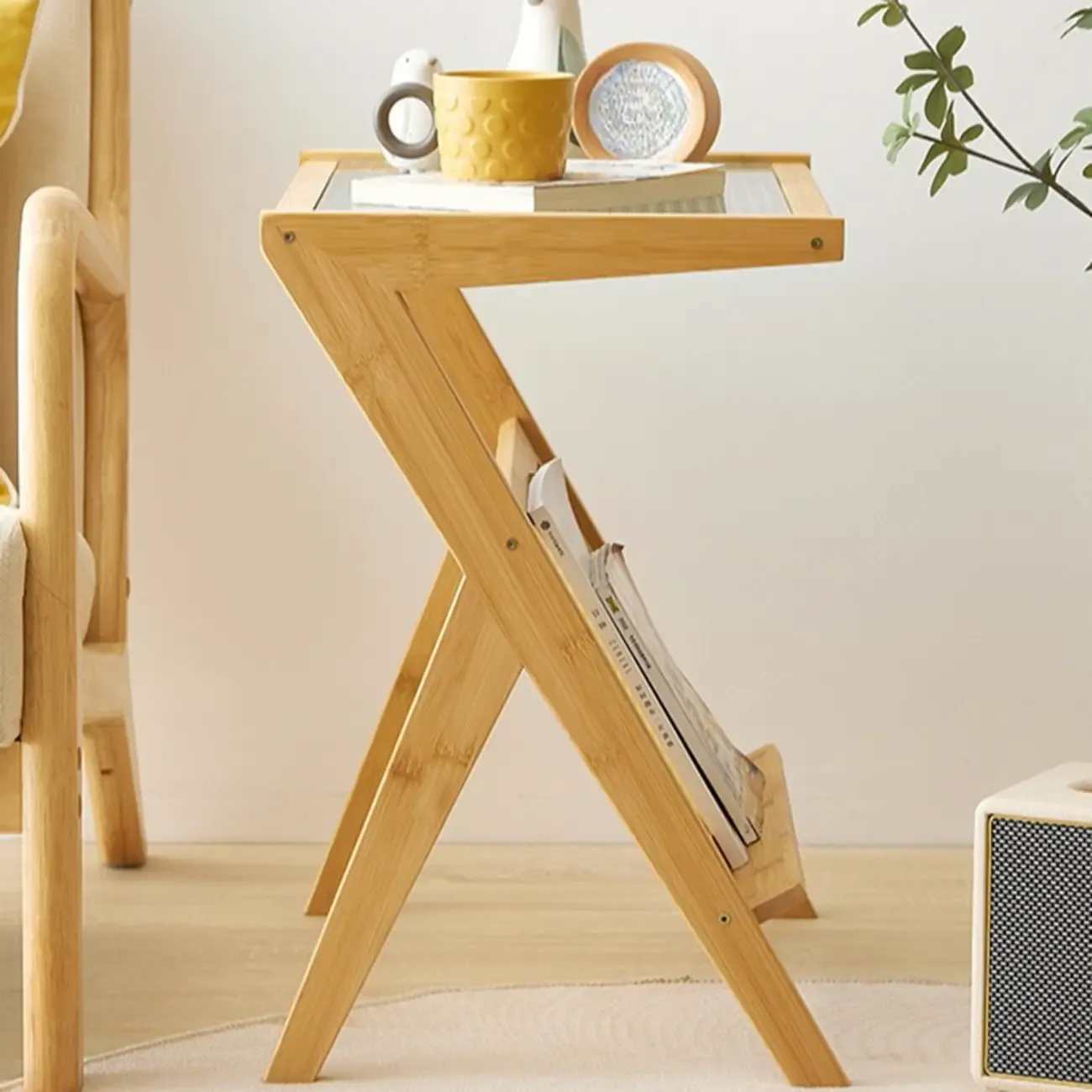 Glass and Wood Modern Foldable End Table with Rack Image - 3