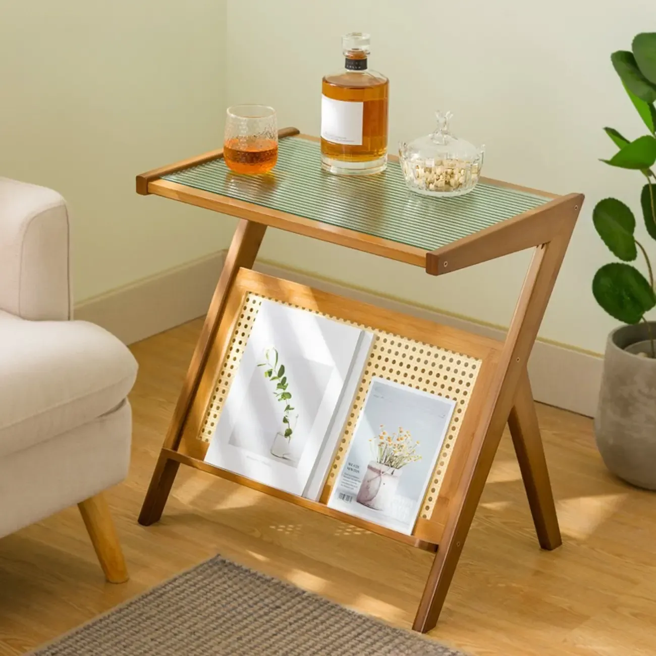 Glass and Wood Modern Foldable End Table with Rack Image - 7