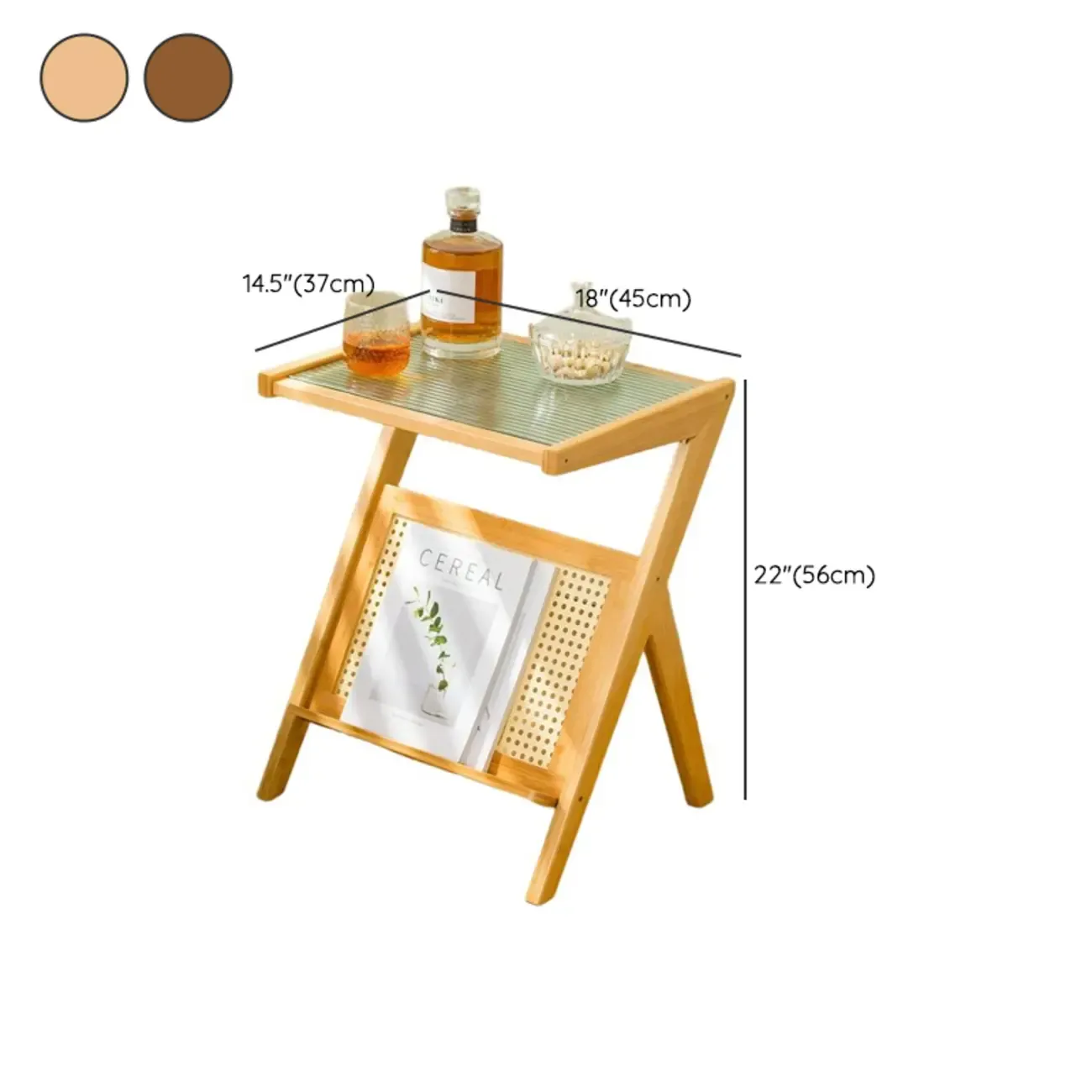 Glass and Wood Modern Foldable End Table with Rack #size