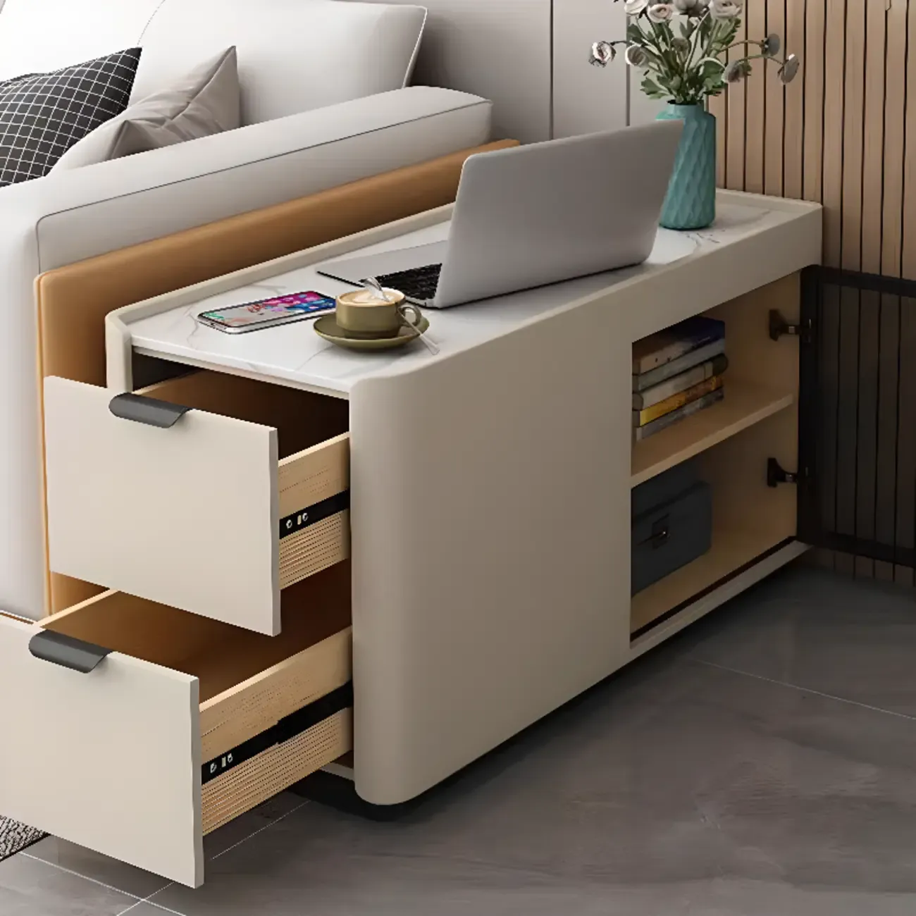 Elegant Rectangular End Table Marble Top and Leather Body Image - 2