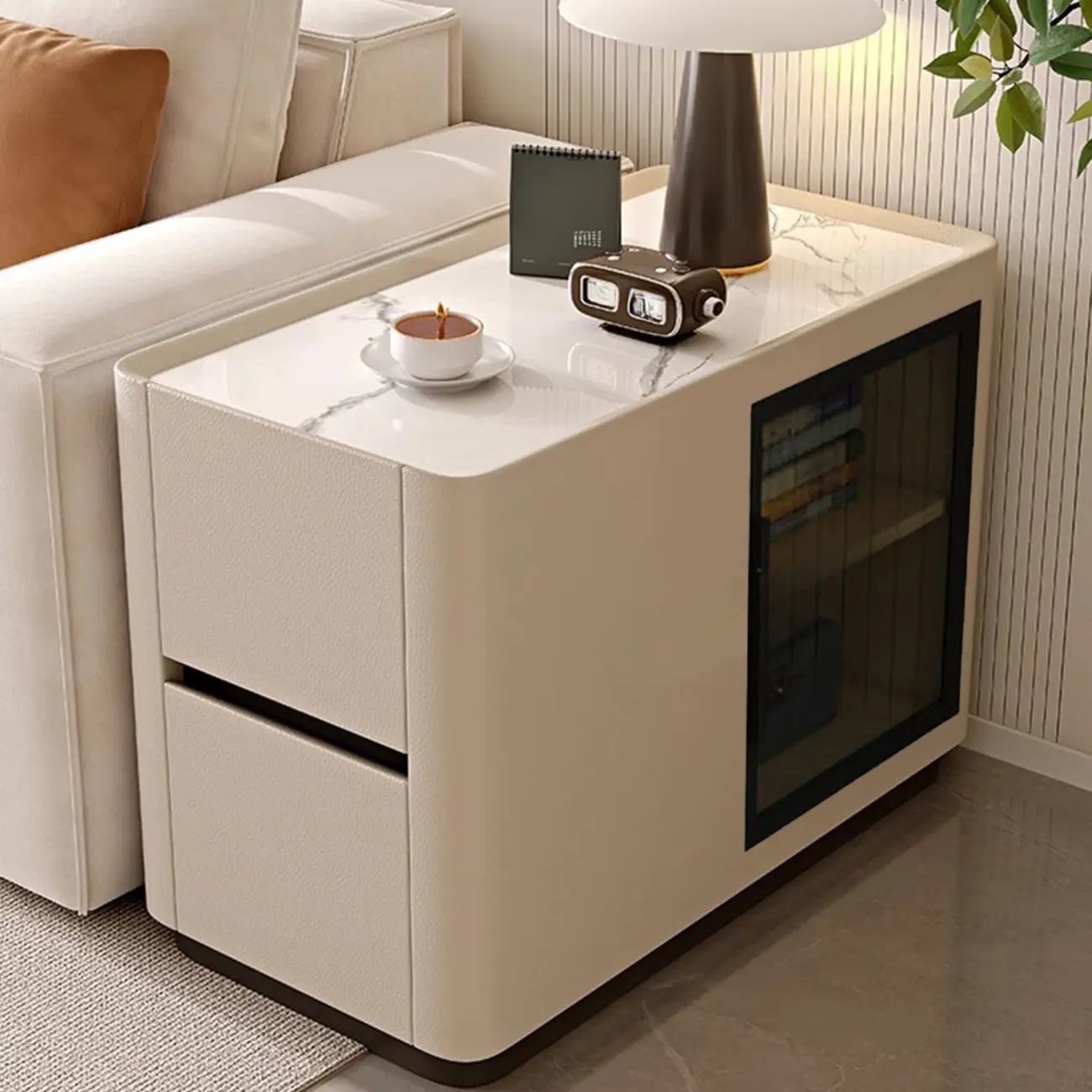 Elegant Rectangular End Table Marble Top and Leather Body Image - 3 | homeyfad