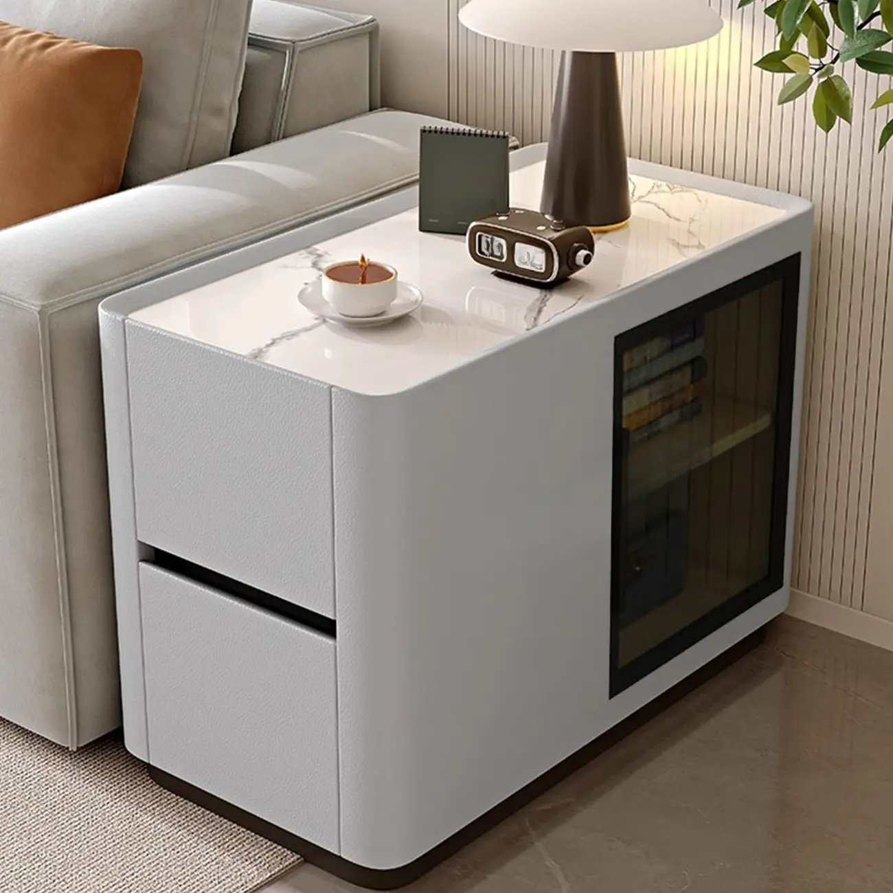 Elegant Rectangular End Table Marble Top and Leather Body Image - 4 | homeyfad