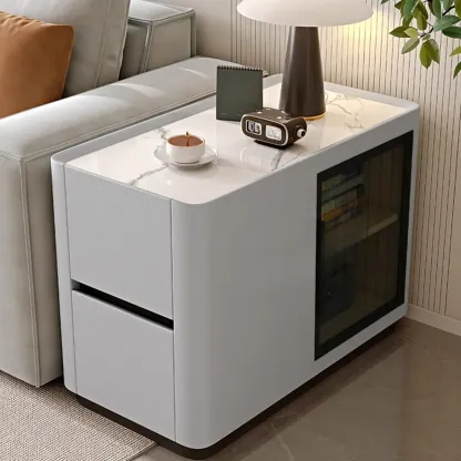 Elegant Rectangular End Table Marble Top and Leather Body Image - 4