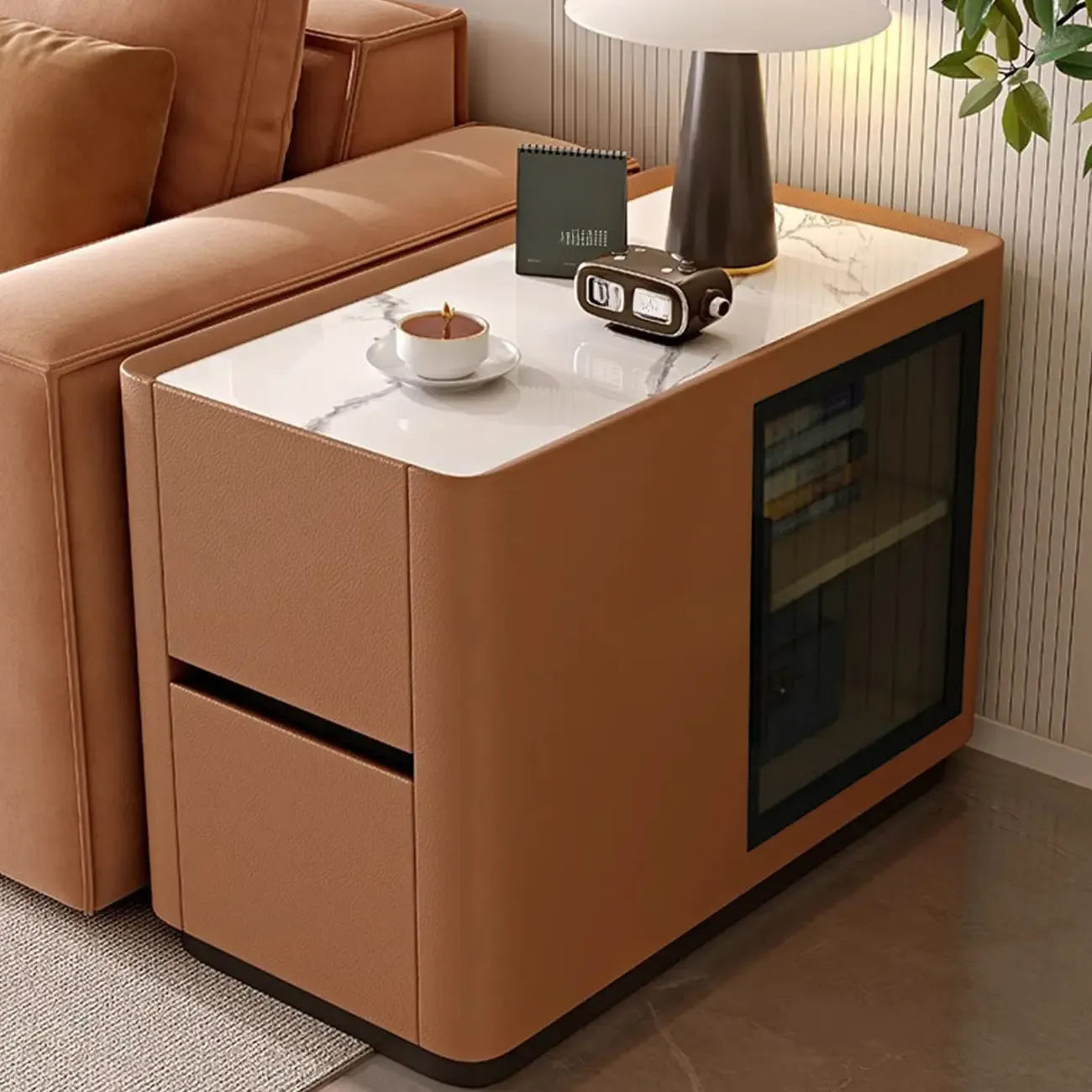 Elegant Rectangular End Table Marble Top and Leather Body Image - 1