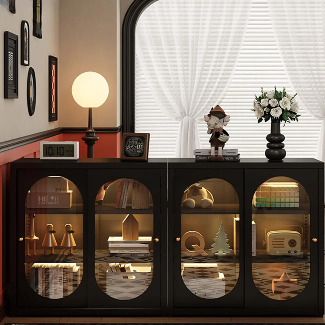 Horizontal Rectangular Metal Black Bookcase with Glass Doors Image - 3 | homeyfad