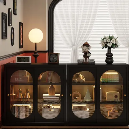 Horizontal Rectangular Metal Black Bookcase with Glass Doors Image - 3