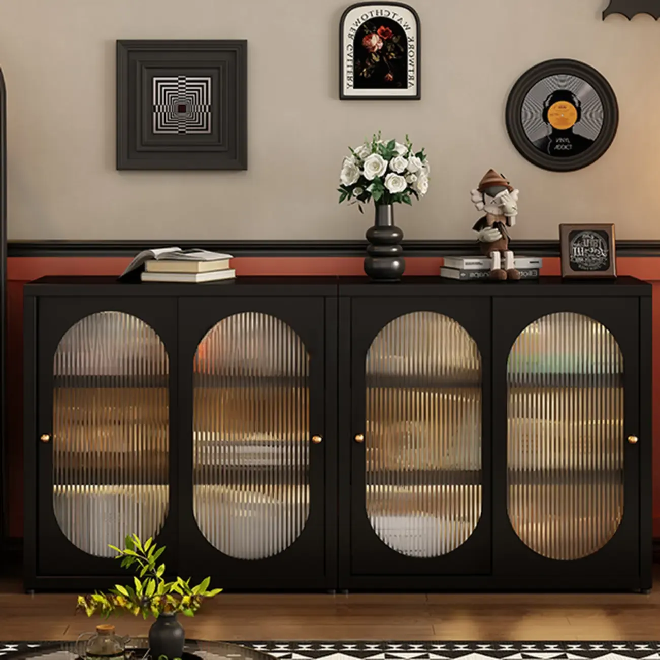 Horizontal Rectangular Metal Black Bookcase with Glass Doors Image - 4