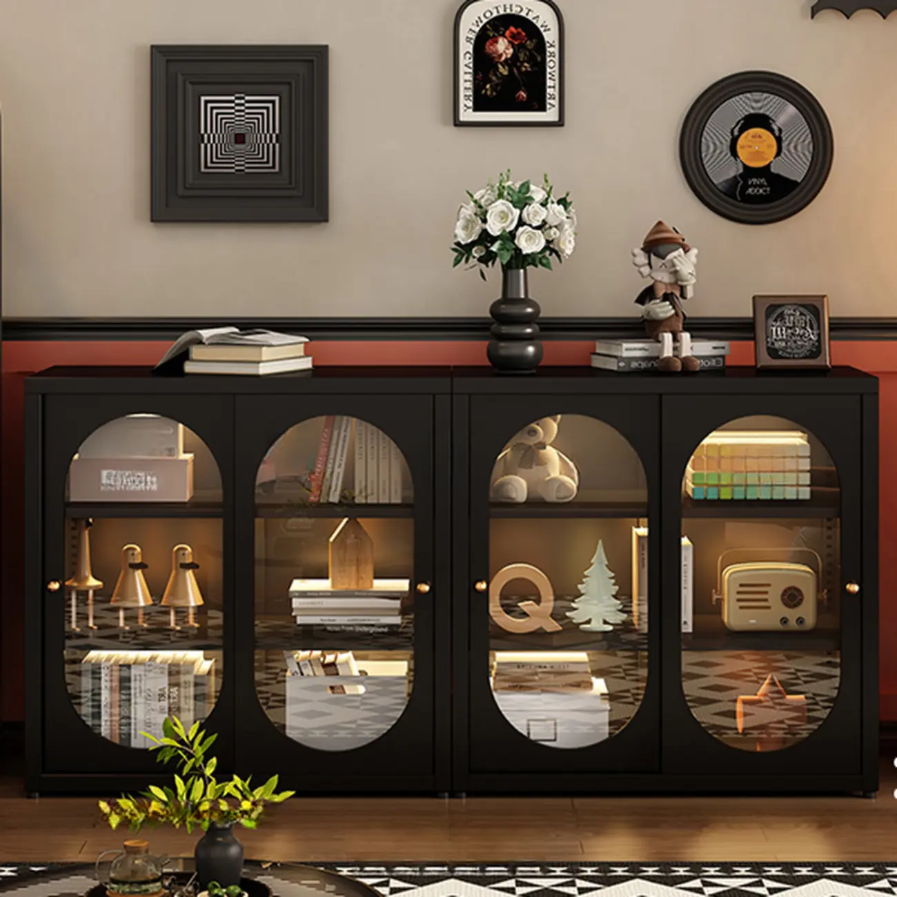 Horizontal Rectangular Metal Black Bookcase with Glass Doors Image - 5 | homeyfad