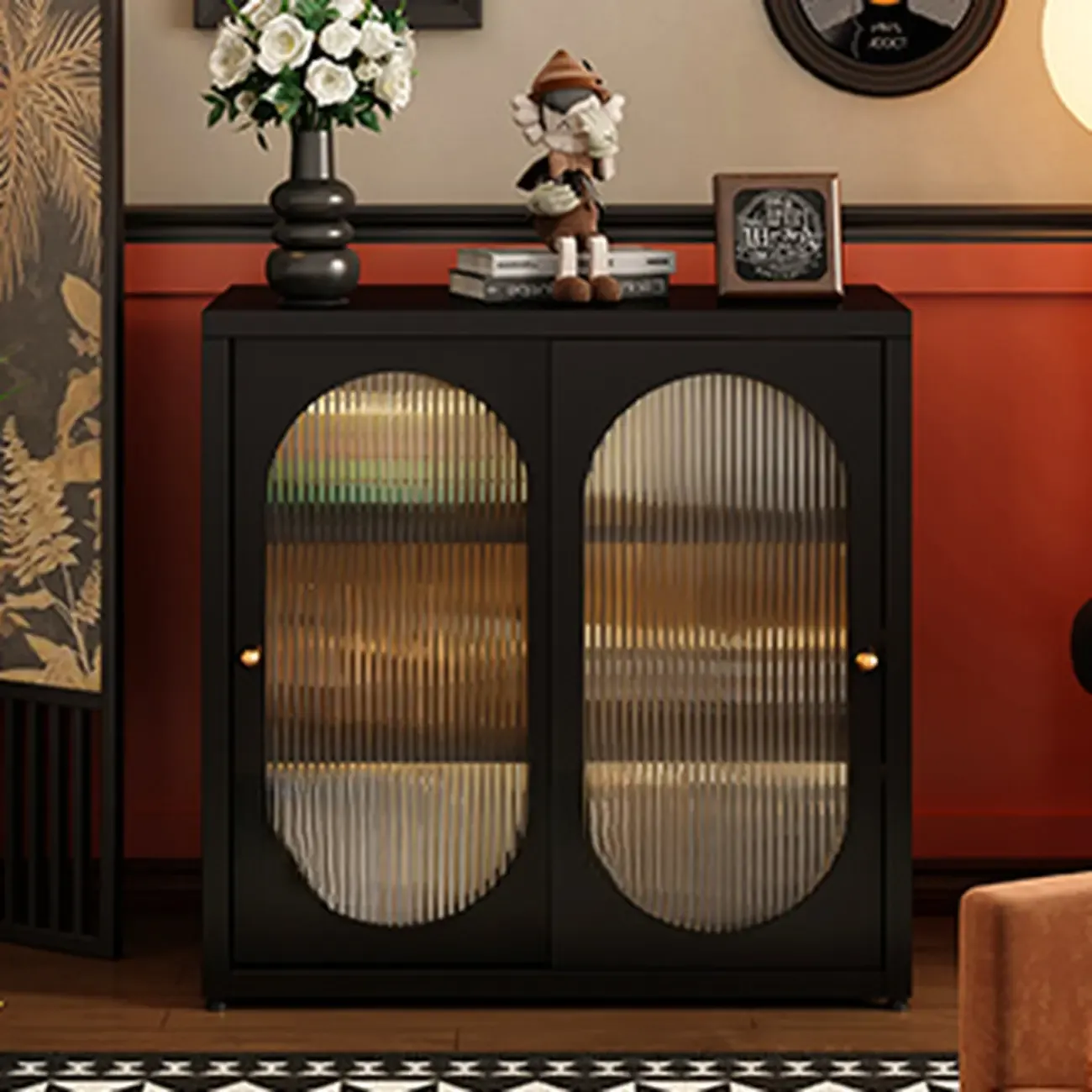 Horizontal Rectangular Metal Black Bookcase with Glass Doors Image - 6