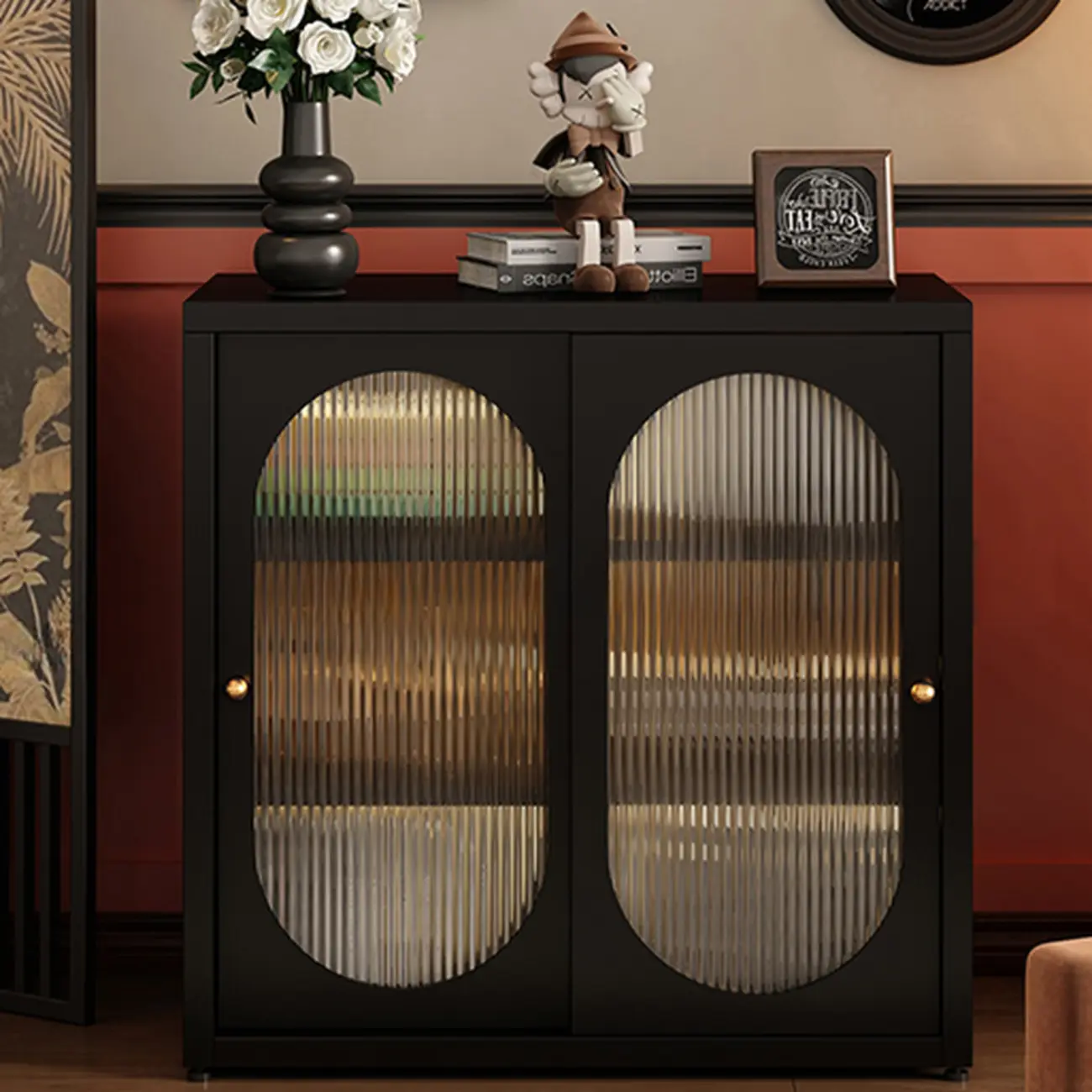 Horizontal Rectangular Metal Black Bookcase with Glass Doors Image - 7 | homeyfad