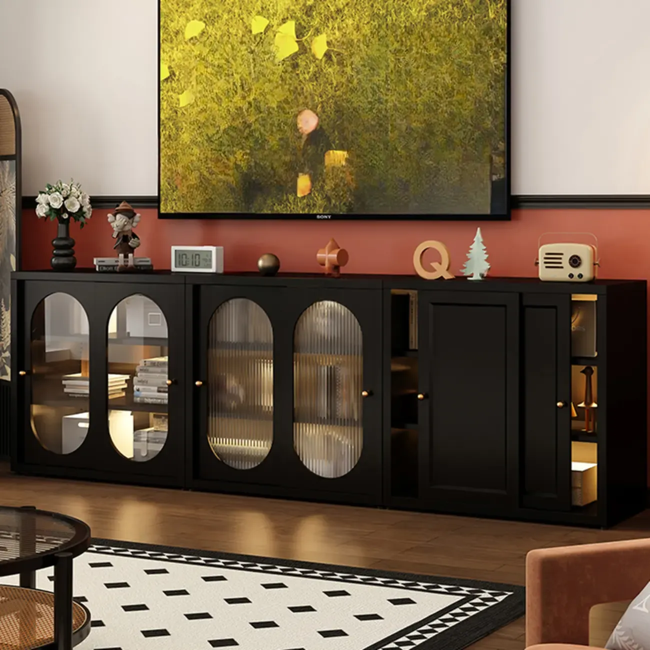 Horizontal Rectangular Metal Black Bookcase with Glass Doors Image - 1