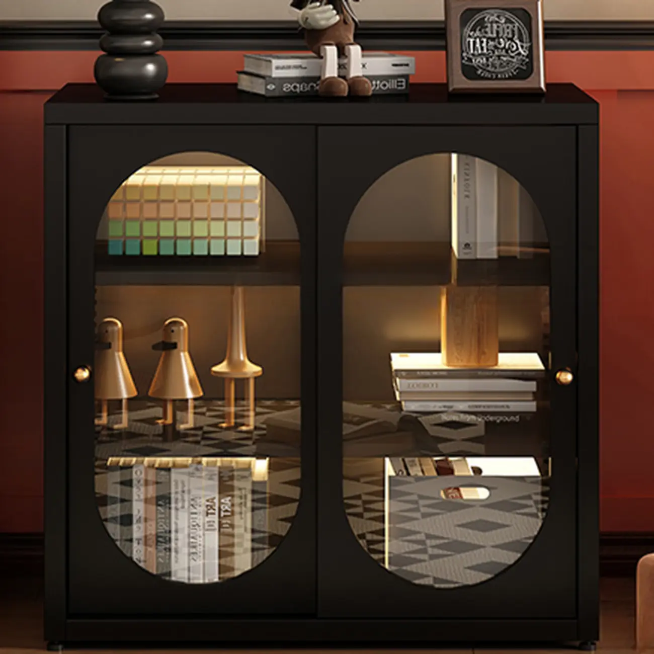 Horizontal Rectangular Metal Black Bookcase with Glass Doors Image - 8 | homeyfad