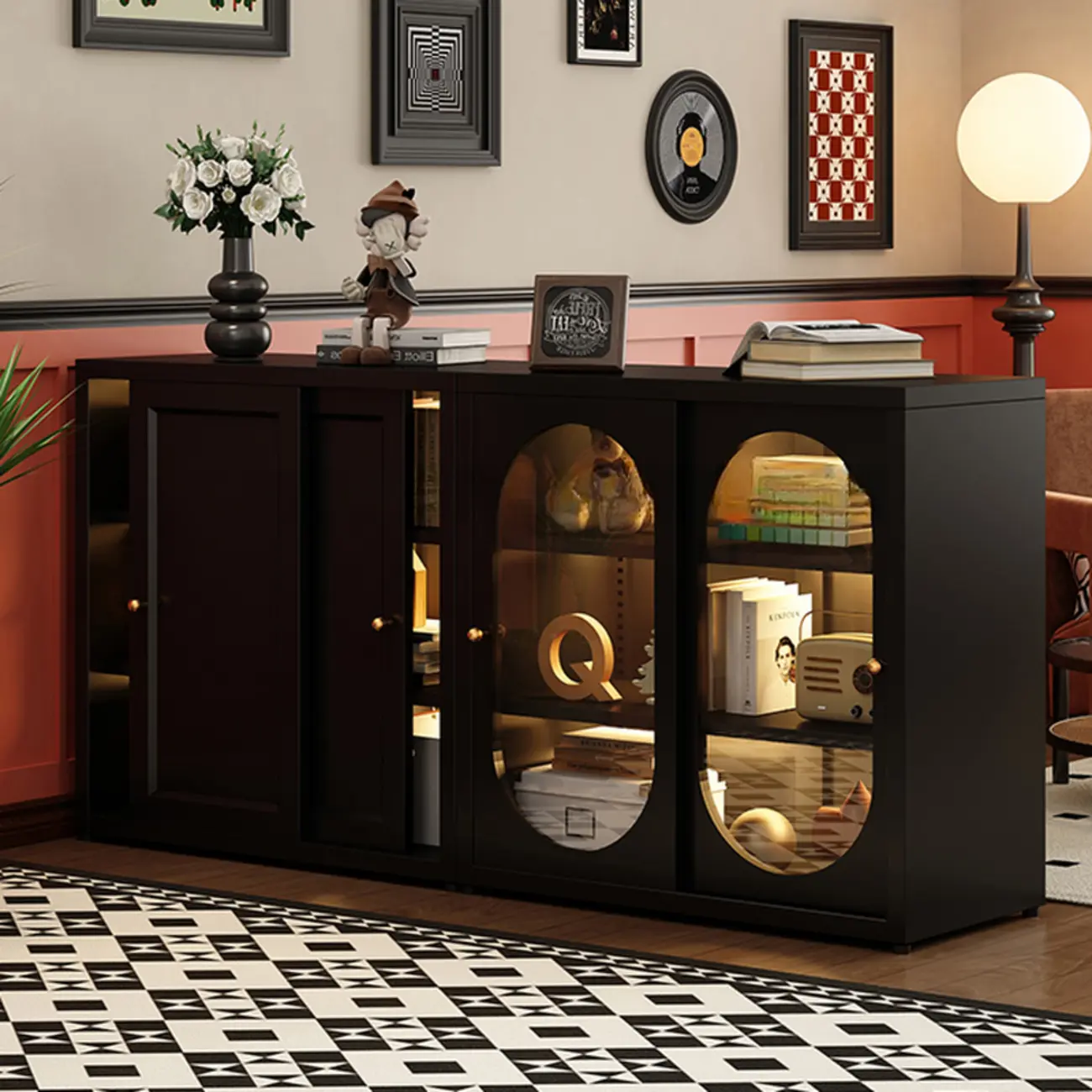 Horizontal Rectangular Metal Black Bookcase with Glass Doors Image - 2 | homeyfad