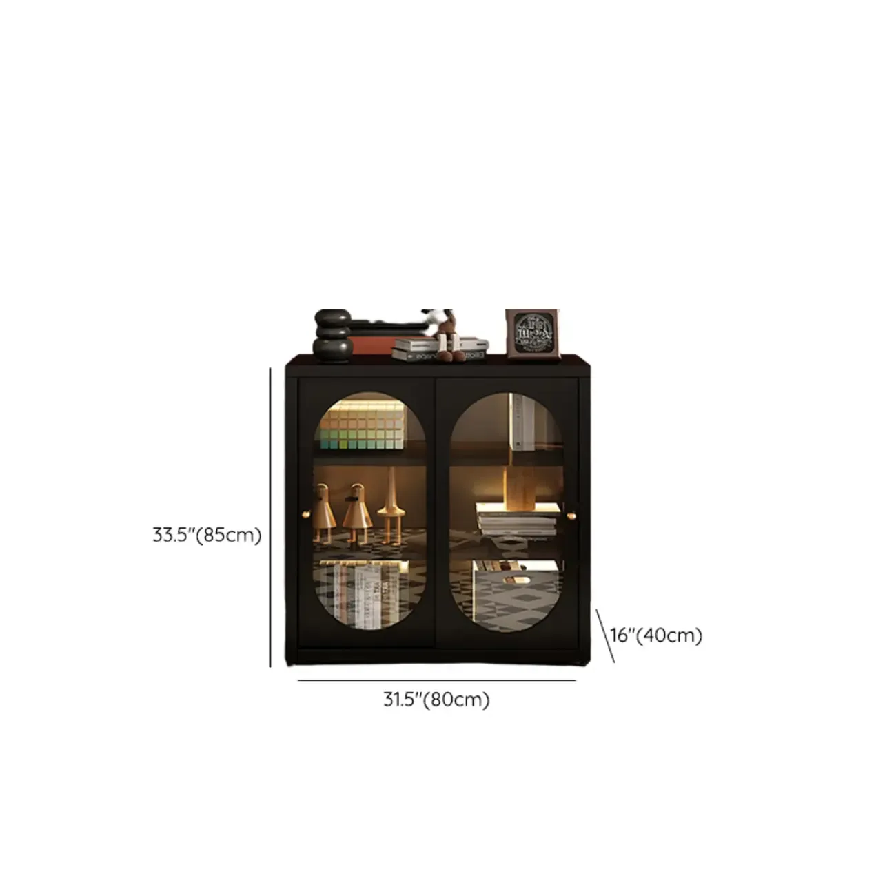 Horizontal Rectangular Metal Black Bookcase with Glass Doors #size