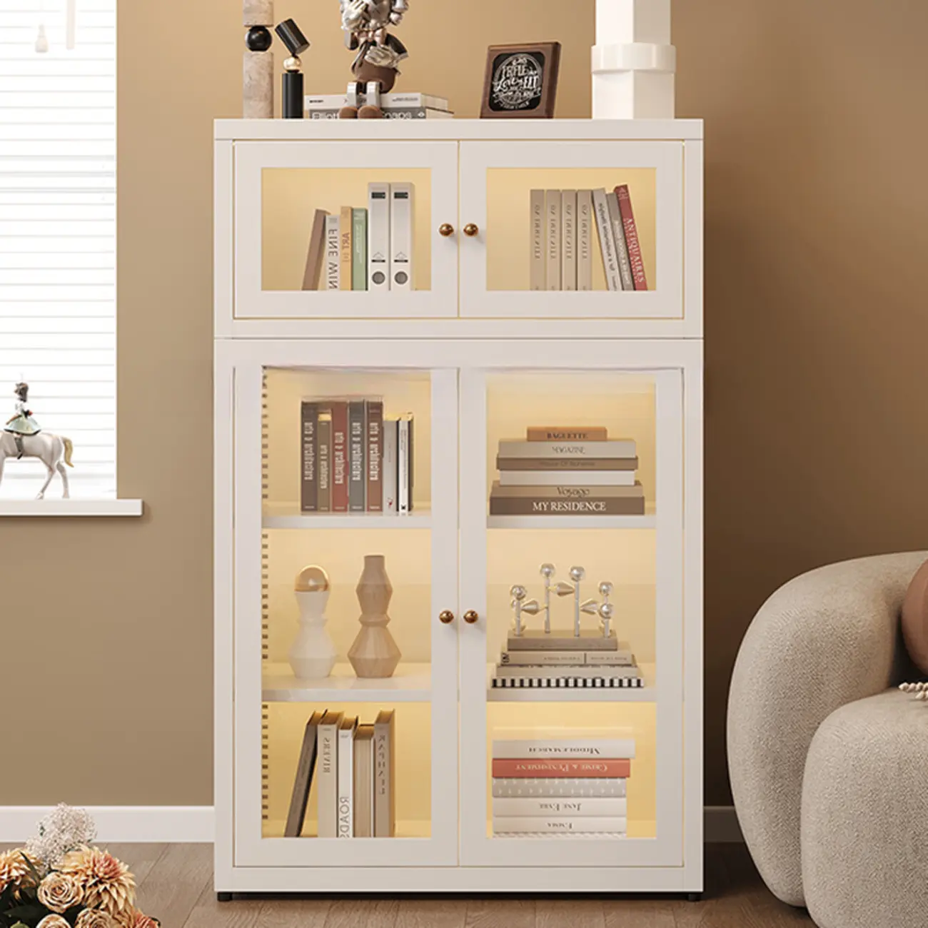 Stylish 4-Tier Metal Glass White Bookcase with Doors Image - 1 | homeyfad