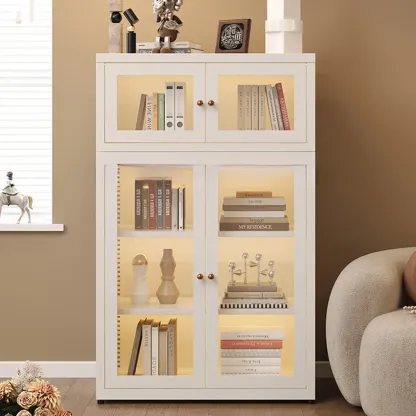 Stylish 4-Tier Metal Glass White Bookcase with Doors Image - 1
