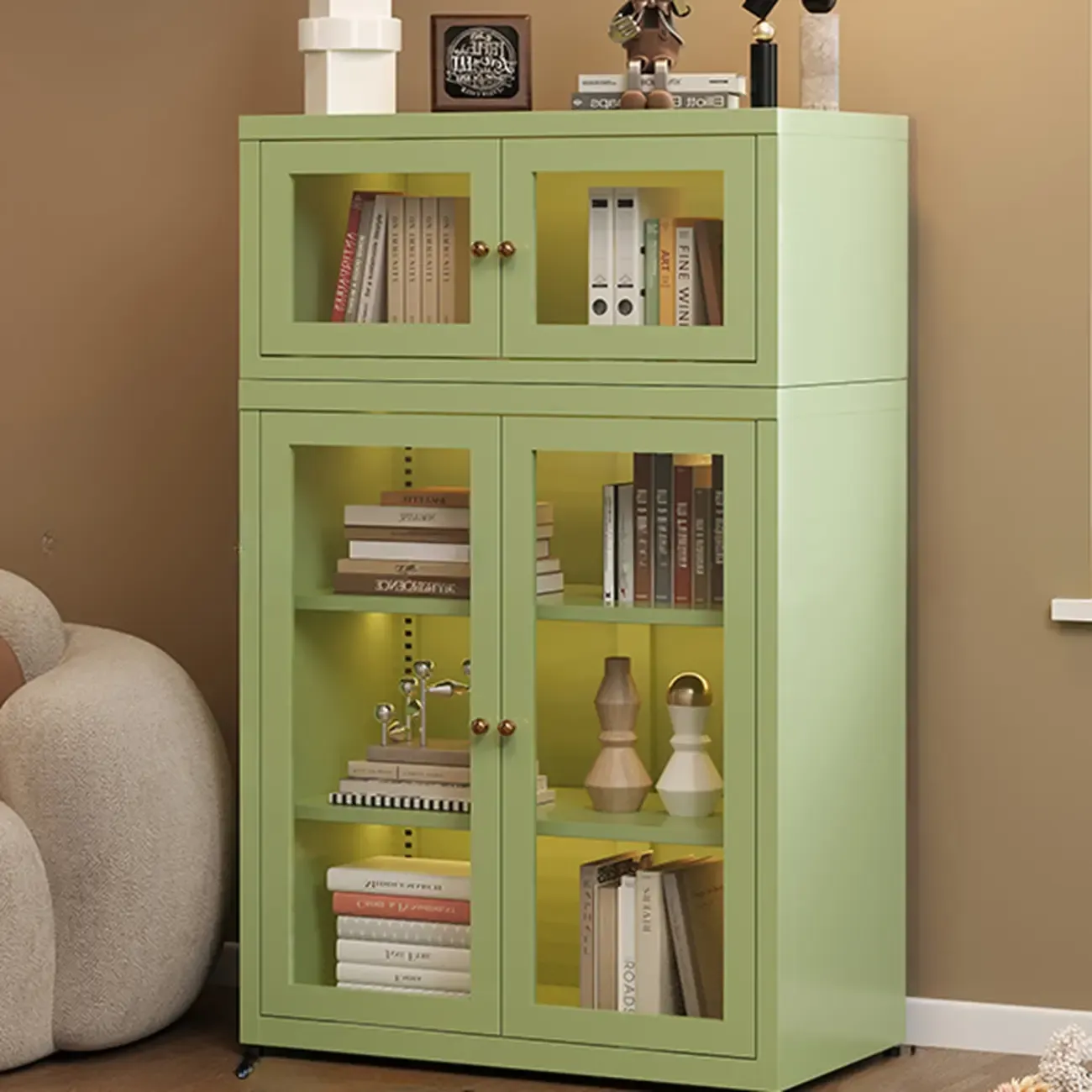 Stylish 4-Tier Metal Glass White Bookcase with Doors Image - 9