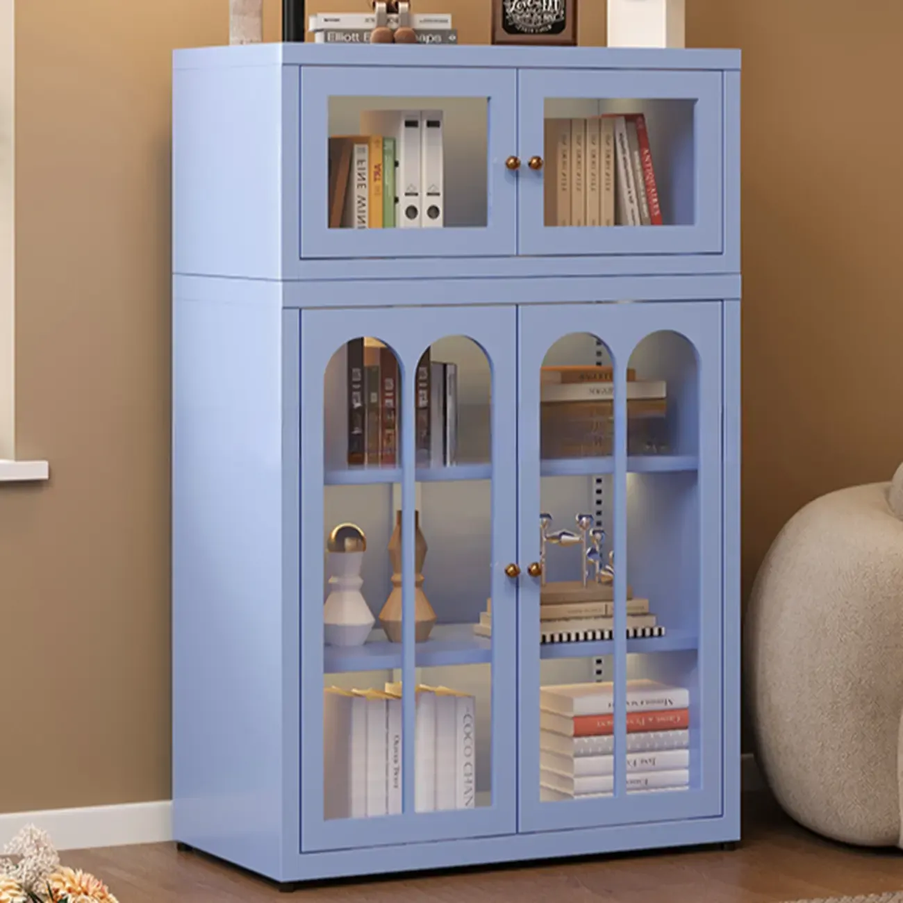 Stylish 4-Tier Metal Glass White Bookcase with Doors Image - 2