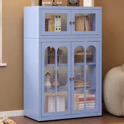 Stylish 4-Tier Metal Glass White Bookcase with Doors Image - 2