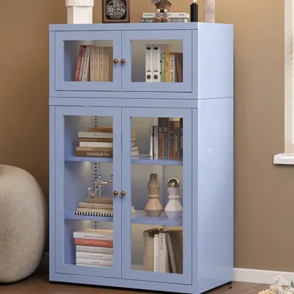 Stylish 4-Tier Metal Glass White Bookcase with Doors Image - 10