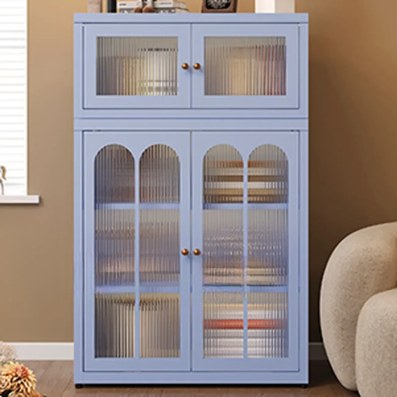 Stylish 4-Tier Metal Glass White Bookcase with Doors Image - 4