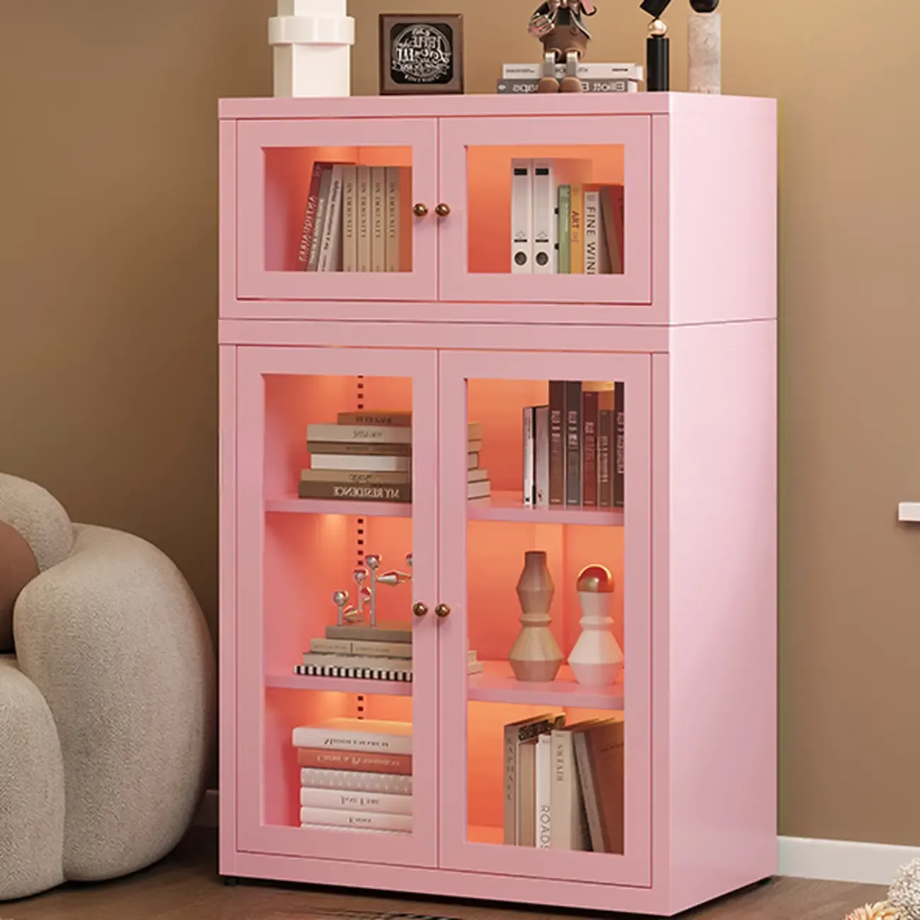 Stylish 4-Tier Metal Glass White Bookcase with Doors Image - 11