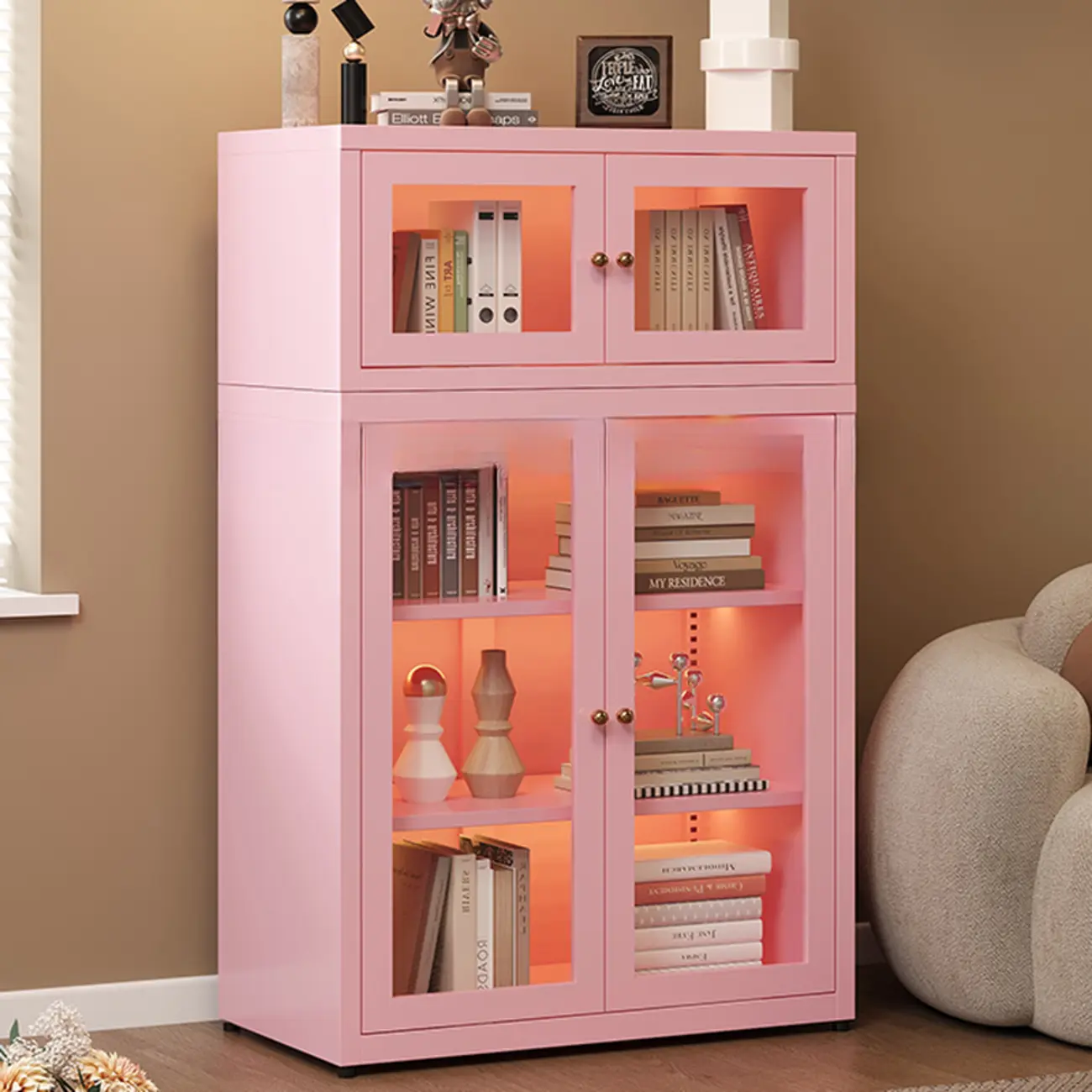 Stylish 4-Tier Metal Glass White Bookcase with Doors Image - 3 | homeyfad