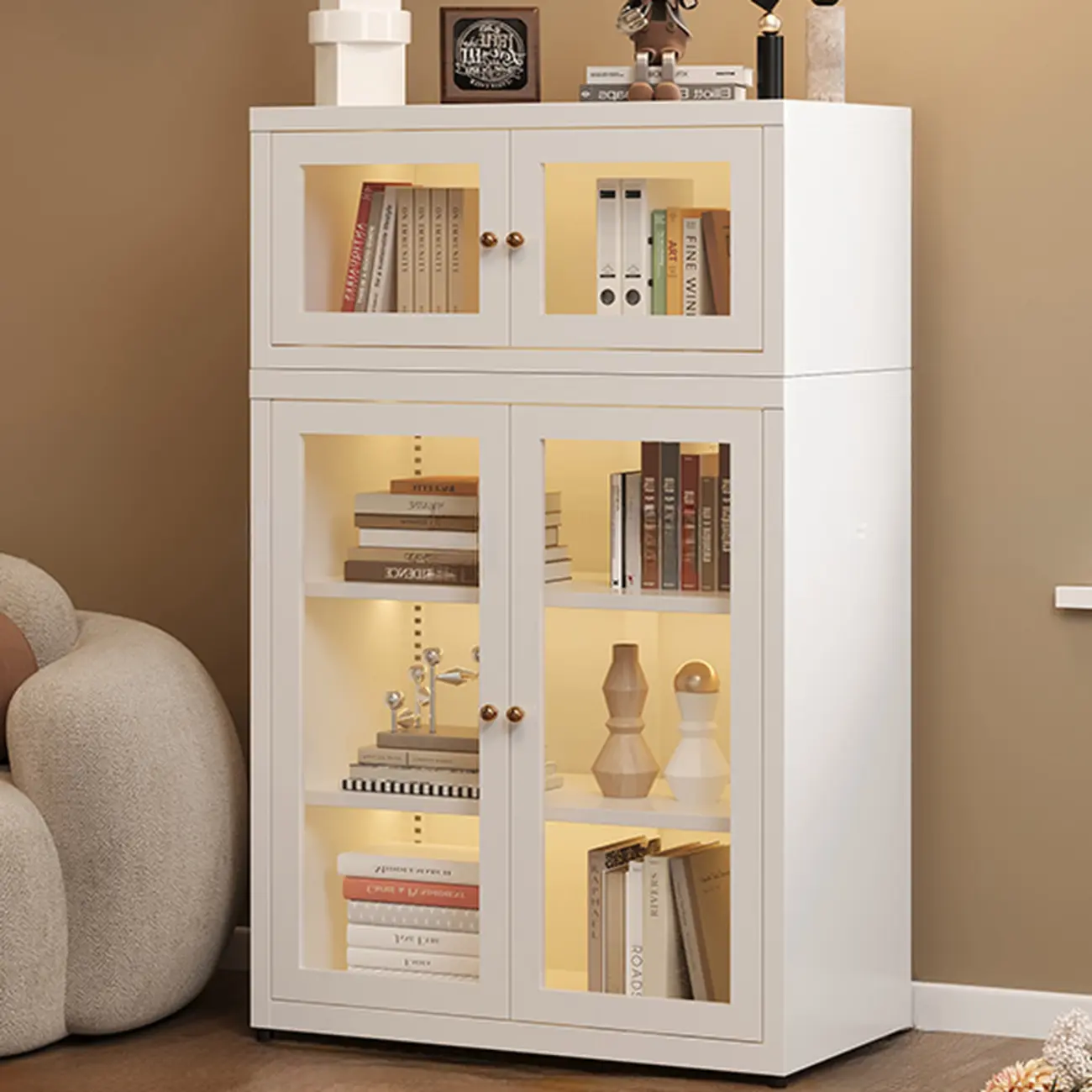 Stylish 4-Tier Metal Glass White Bookcase with Doors Image - 8 | homeyfad