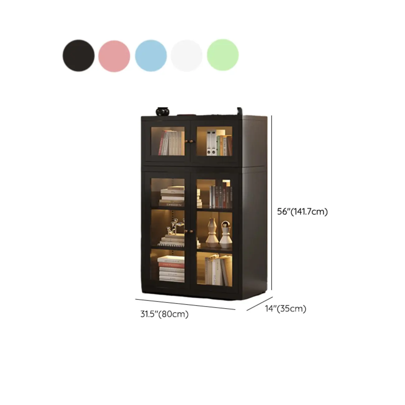 Stylish 4-Tier Metal Glass White Bookcase with Doors #size | homeyfad