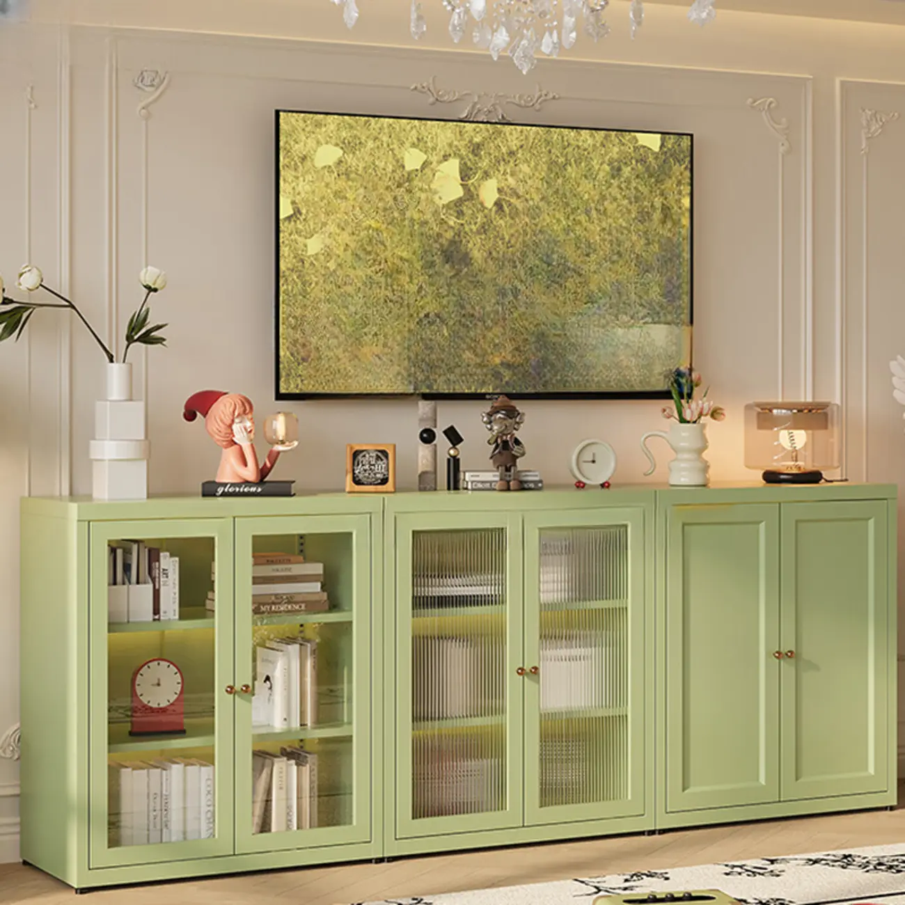 Modern Glass Door 3-Shelf Steel Green Frame Bookcase Image - 3 | homeyfad