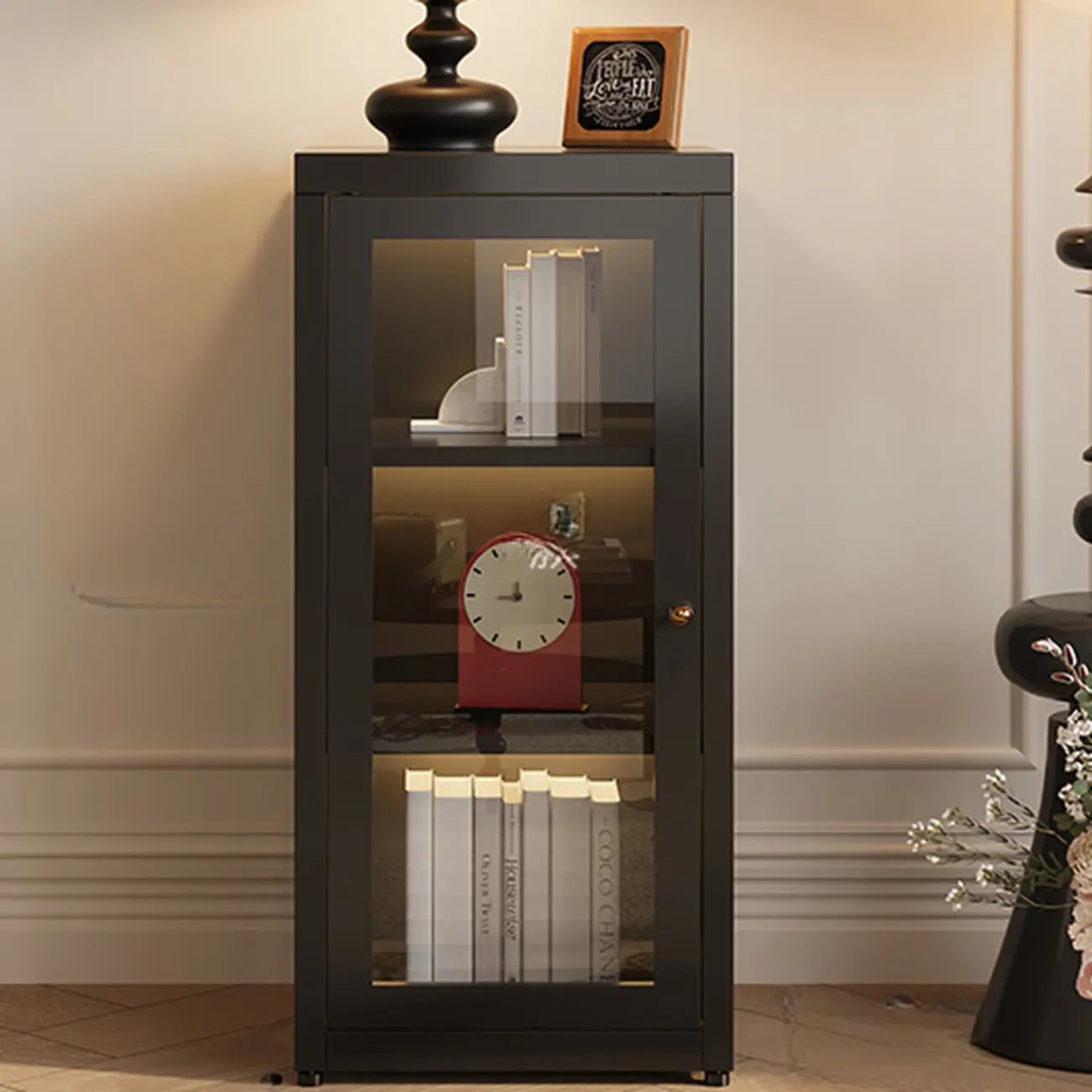 Modern Glass Door 3-Shelf Steel Green Frame Bookcase Image - 6 | homeyfad