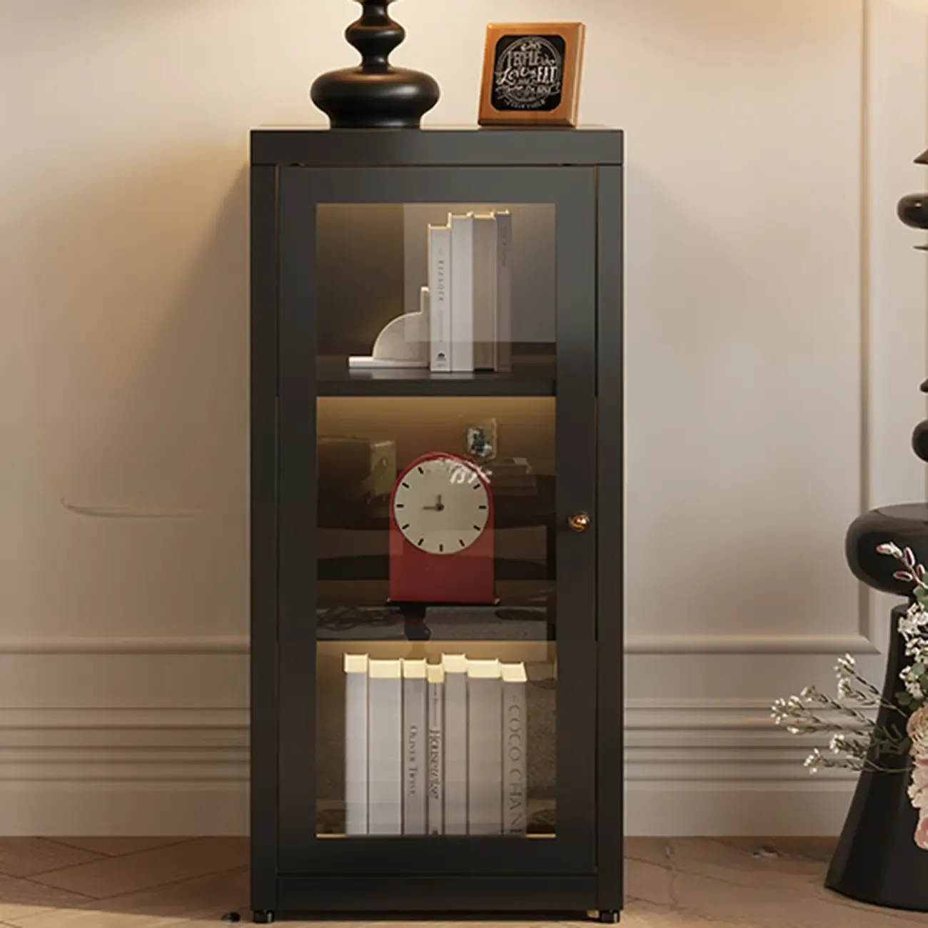 Modern Glass Door 3-Shelf Steel Green Frame Bookcase Image - 6