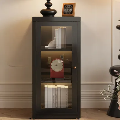 Modern Glass Door 3-Shelf Steel Green Frame Bookcase Image - 6