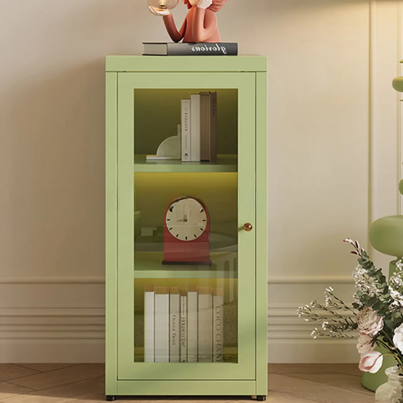 Modern Glass Door 3-Shelf Steel Green Frame Bookcase Image - 2 | homeyfad
