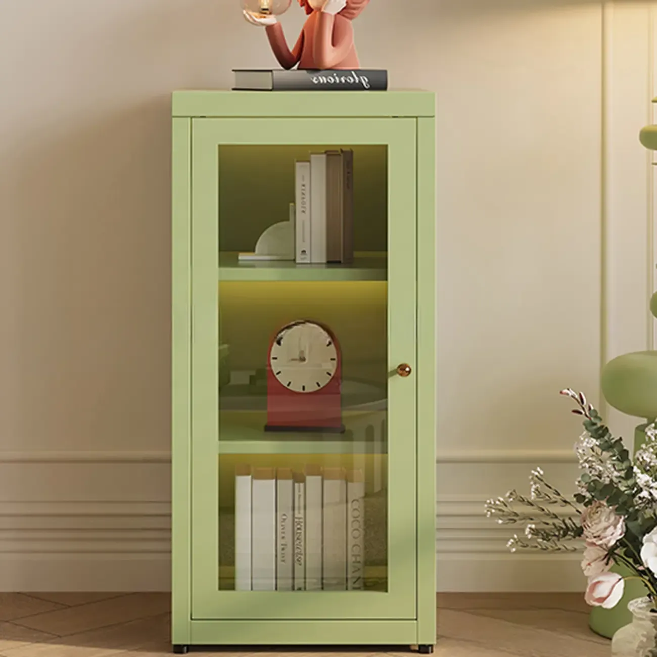 Modern Glass Door 3-Shelf Steel Green Frame Bookcase Image - 2