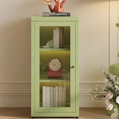 Modern Glass Door 3-Shelf Steel Green Frame Bookcase Image - 2