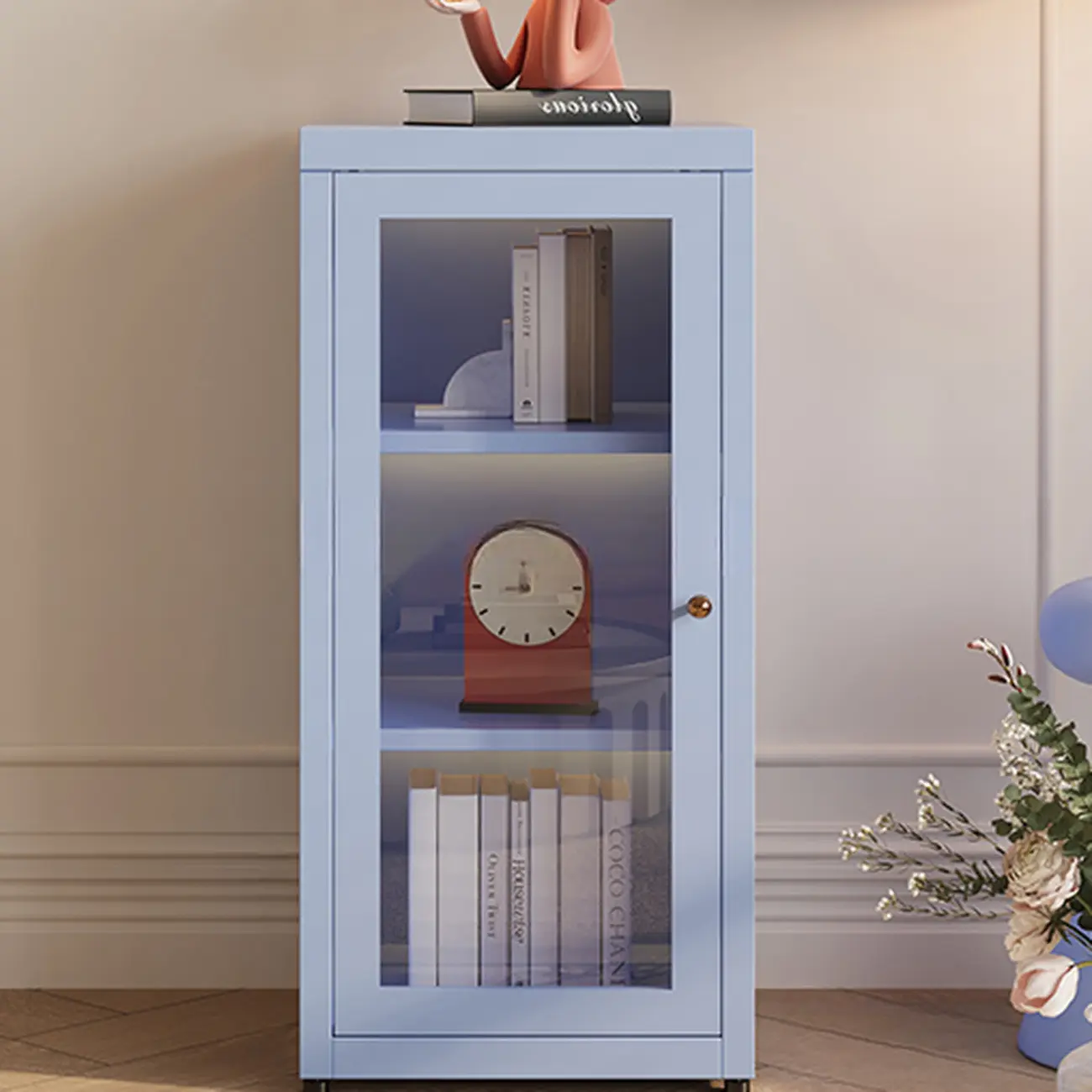 Modern Glass Door 3-Shelf Steel Green Frame Bookcase Image - 7 | homeyfad