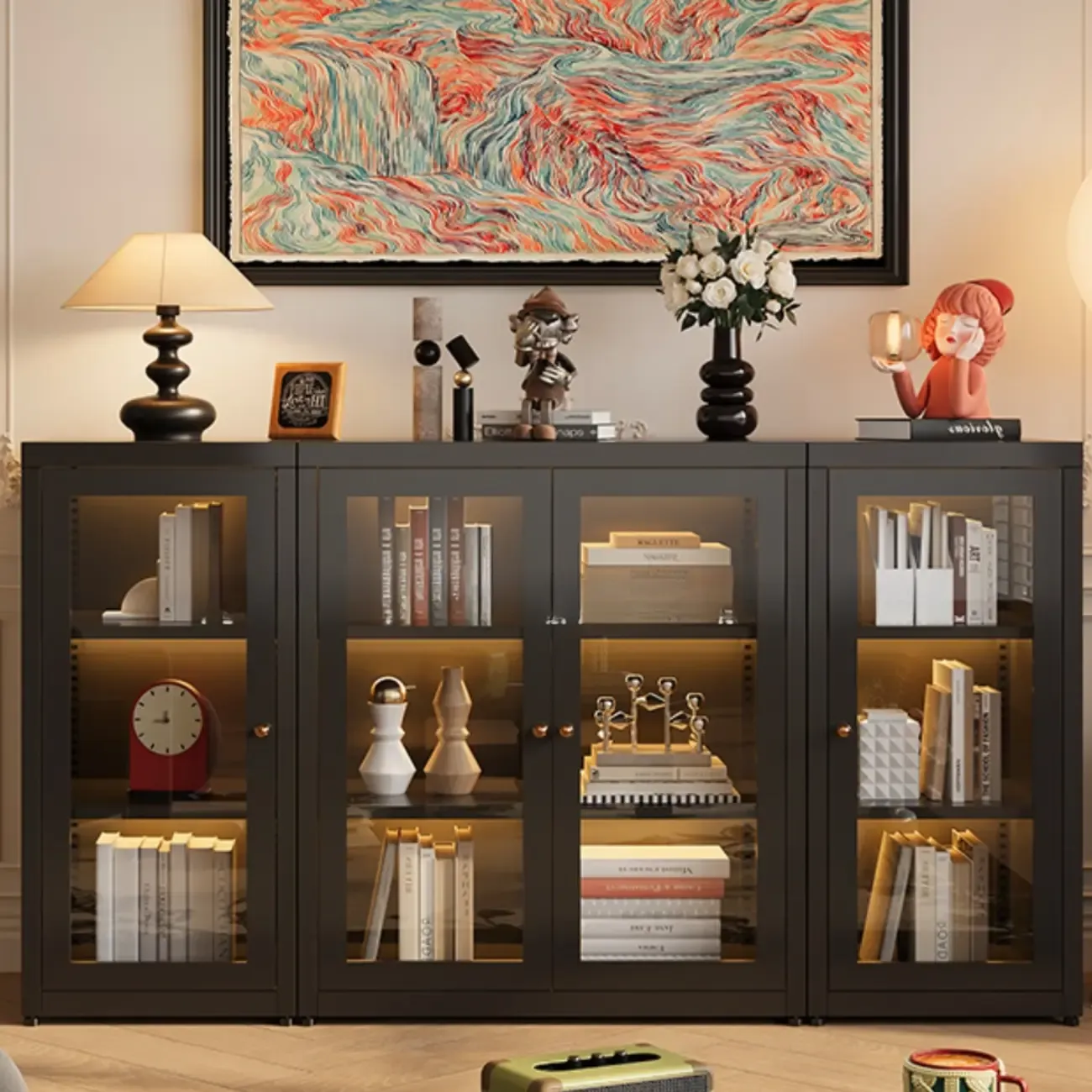 Modern Glass Door 3-Shelf Steel Green Frame Bookcase Image - 5