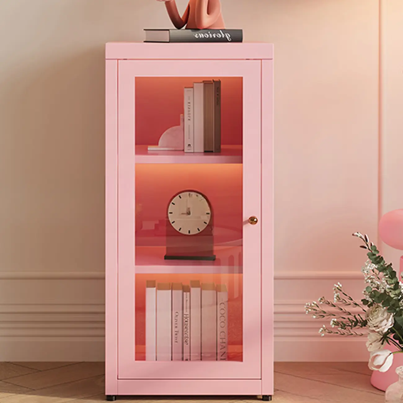 Modern Glass Door 3-Shelf Steel Green Frame Bookcase Image - 8 | homeyfad