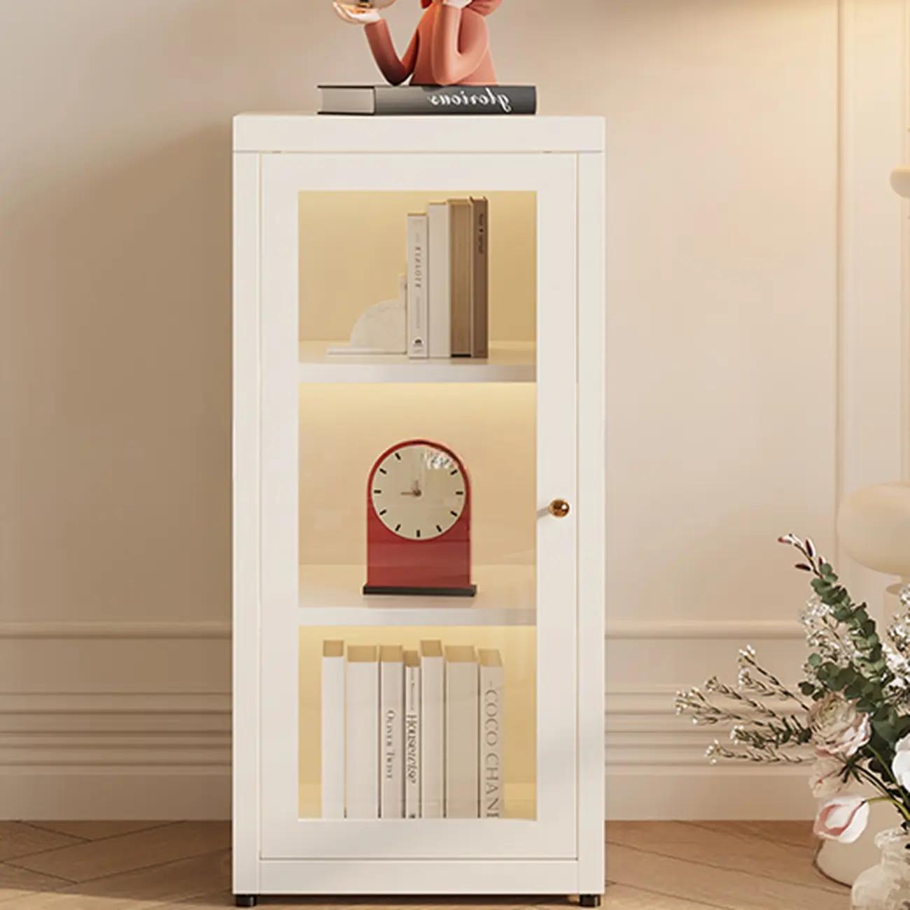 Modern Glass Door 3-Shelf Steel Green Frame Bookcase Image - 9 | homeyfad