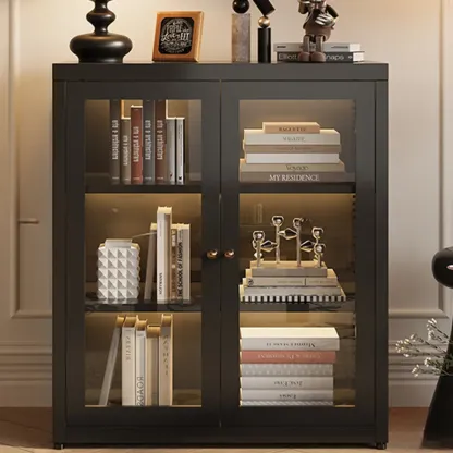 Modern Glass Door 3-Shelf Steel Green Frame Bookcase Image - 10