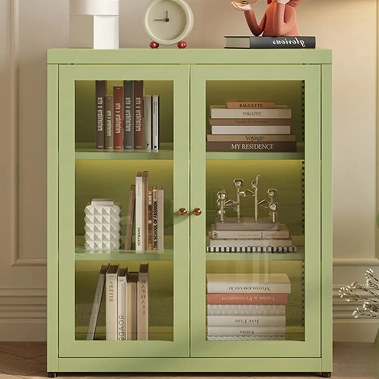 Modern Glass Door 3-Shelf Steel Green Frame Bookcase Image - 11 | homeyfad